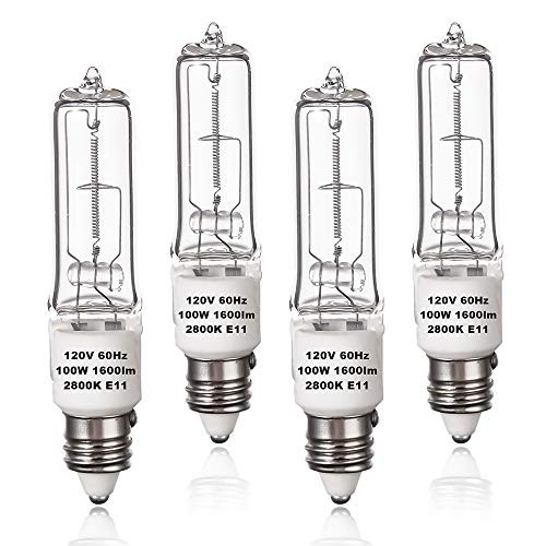 4 Pack T4 JDE11 100W Dimmable Mini Candelabra Base Light Bulb, JDE11 120V 100W 1600lm 2800K for Chandeliers, Pendants, Table Lamps, Cabinet Lighting (4Pack 100W JDE11)