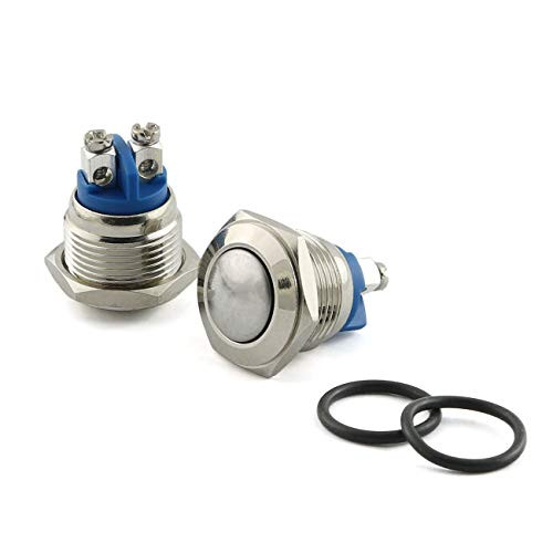 RLECS 2-Pack 16mm Metal Waterproof Push Button Switch Momentary Round Head Stainless Steel Metallic Luster Start Horn Button Flat Push Button Switch DC 36V 2A