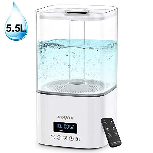 Boyon 5.5L Cool Mist Humidifier, Top Fill Humidifiers for Bedroom Home Baby, Ultrasonic Large Vaporizer with Nightlight Design, Quiet Operation, LED Display with Humidistat, Waterless Auto Shut-Off