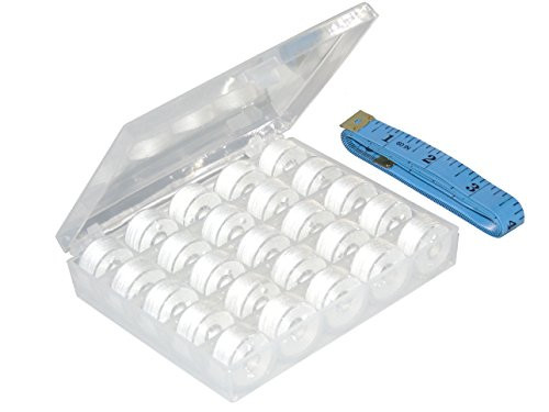 Ceeyali Bobbin Box Sewing Thread Organizer with 25 Clear Sewing Machine Bobbins and White Cotton Thread for Brother Singer Babylock Kenmore Janome etc