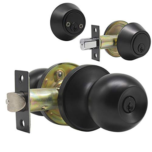 Flat Black Keyed Entry Door Knob and Double Cylinder Deadbolt Lock Combination Set, Keyed Alike, Door Locksets for Front and Entrance Door