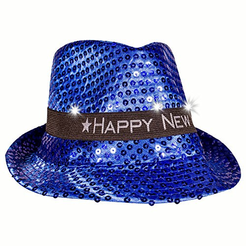 LED Light Up NYE Happy New Years Fedora Hat (Blue)