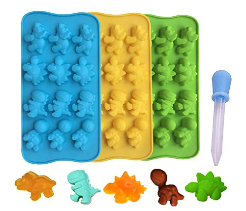 Candy Molds Ice Cube Trays Chocolate Molds, Silicone Molds Including 3 Dinosaur for Making Ice, Jelly, Chocolate, Soap, Pack of 3 with 1 Dropper. (Dinosaur)
