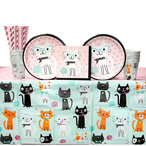 Purr-FECT Birthday Party Supplies Pack for 16 Guests: Straws, Dinner Plates, Luncheon Napkins, Table Cover, and Cups