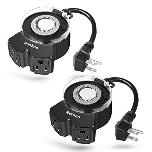 2 Pack of Restmo Outdoor Timer Waterproof, 24-Hour Plug-in Mechanical Timer with Dual Wide-Spaced Grounded Outlets, Heavy Duty, Programmable, Great for Holiday Light, Pool Pump, Fountain, ETL Listed