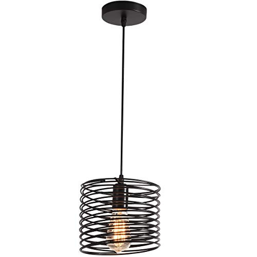 Garwarm Pendant Light, Industrial Black Cage Hanging Ceiling Lamp, Retro Spring Lighting Fixture for Kitchen Island Living Room Dining Room Garwarm Pendant Light, Industrial Black Cage Hanging Ceiling Lamp, Retro Spring Lighting Fixture for Kitchen Island Living Room Dining Room