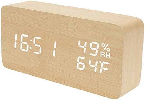 F.G. MINGSHA Alarm Clock Wooden Digital Clock Modern Decorative Electronic LED Desk Clock Display Time Date Temperature Humidity 3 Alarms Brightness Adjustable for Home Office Bedroom(Beige)