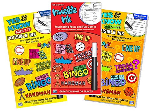 Invisible Ink Yes & Know Ink Book Set for Kids ~ Bundle Set of 3 Activity Books with Games, Puzzles, Trivia with Magic Invisible Ink Pens - Travel Games for Kids in Car