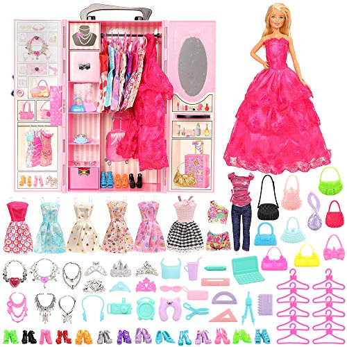 Miunana Doll Closet Wardrobe for 11.5 inch Girl Doll Clothes Storage - Lot 69 Items Include Trunk, Clothes, Living and Study Accessories, Crown, Necklace, Shoes, Hanger, Bags