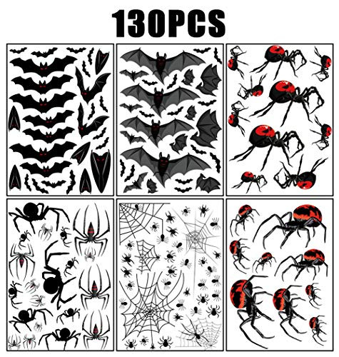 AIZESI 130 PCS Halloween Spider Webs Window Clings Decorations - Halloween Window Sticker Decor Spiders Ghosts Bats Decals Haunted House Party Supplies Halloween Decorations