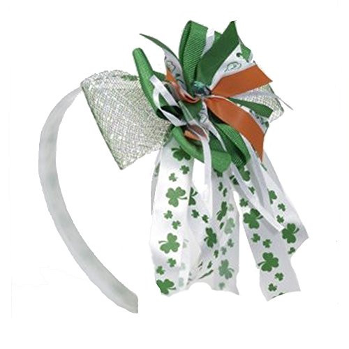 PMU St. Patricks Day - Mardi Gras - (White, Green, Orange) Ribbon Bow Headband with Shamrocks Pkg/1
