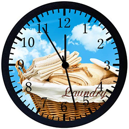 Laundry Room Laundromat Wall Clock Large 12" Black Frame Clear Face Silent Non-Ticking Nice for Gift or Décor E431