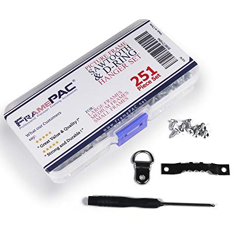 FramePac Picture Frame Hanger Set - Sawtooth and D-Ring Hangers - Screws Included - Bonus Mini Screwdriver (251 Pieces)