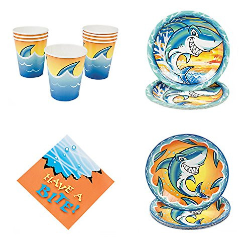 CC Shark Jawsome Party Supplies for 16 Guests; Bundle Includes 16 Dinner Plates, 16 Dessert Plates, 32 Luncheon Napkins, and 16 - 9 Ounce Cups