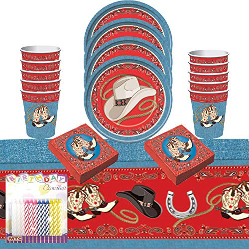 Western Party Supplies Pack Serves 16: Dinner Plates Luncheon Napkins Cups and Table Cover with Birthday Candles (Bundle for 16)
