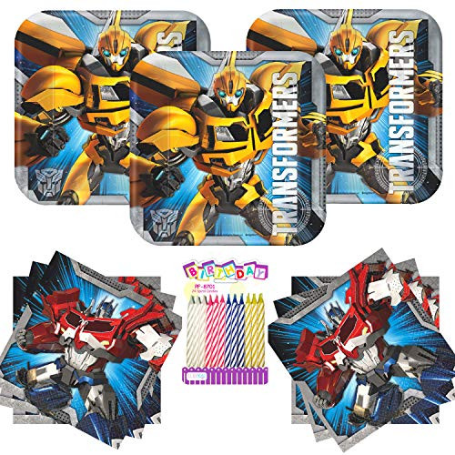 Transformers Party Supplies Pack Serves 16: 7" Plates and Beverage Napkins with Birthday Candles (Bundle for 16)