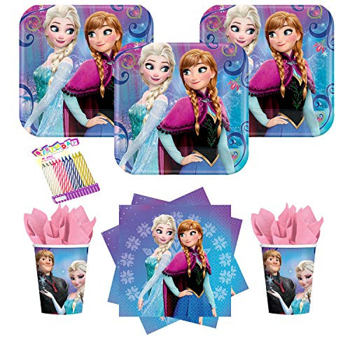 Frozen Party Supplies Pack Serves 16: 7" Plates Luncheon Napkins and Cups with Birthday Candles (Bundle for 16)