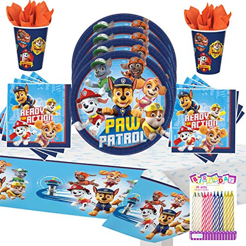 Paw Patrol Party Supplies Pack Serves 16: 7" Plates Beverage Napkins Cups and Table Cover with Birthday Candles (Bundle for 16)