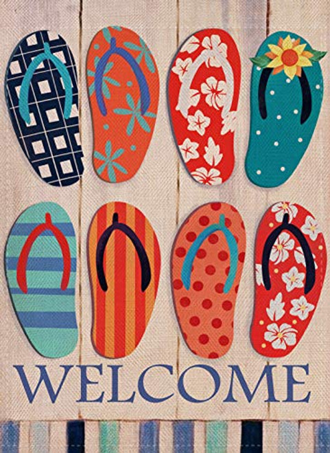 Dyrenson Home Decorative Outdoor Flip Flops Garden Flag Double Sided, Beach Welcome Quote House Yard Flag, Tropical Nautical Garden Yard Sea Decorations, Seasonal Outdoor Flag 12 x 18 Summer
