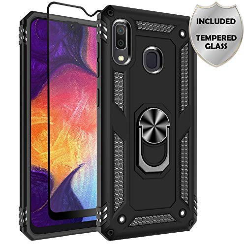 Sunbrightful for Galaxy A20 / A30, Military Grade Drop Protection Defender Kickstand Case with Tempered Glass Screen Protector for Galaxy A20 / A30 - Black