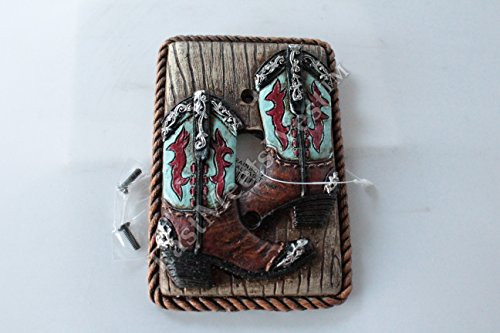 Western Cowboy Turquoise Boots Rope Edge Switch Plate Covers Electric Outlet Rustic Wood Look Decor (Single Switch)
