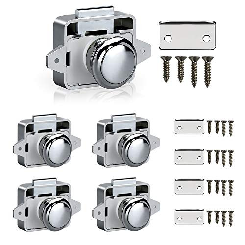 Trycooling 5Pcs Push Button Latch Kit ABS Keyless Push Button Door Lock Mini Marine Push Lock Knob for Cabinet/Boat/RV/Drawer Silver