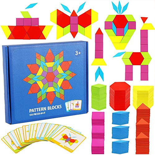 KanCai 155 Pcs Wooden Pattern Blocks Set Geometric Shape Puzzle Kindergarten Classic Educational Montessori Tangram Toys for Kids Ages 3-8