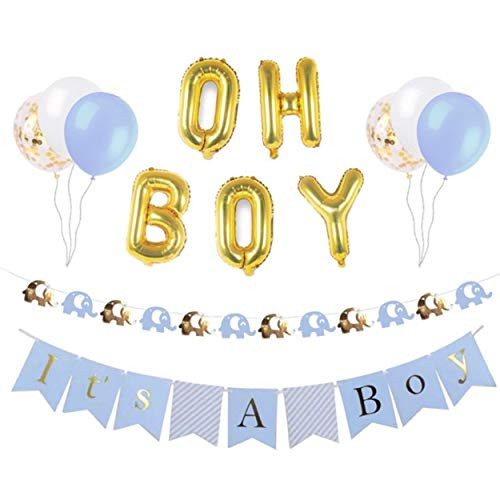 Baby Shower Decorations for Boy, Elephant Baby Shower Decorations, Set Includes: its a boy Banner, oh boy Balloons,Elephant Garland,Blue,White and Gold Confetti Balloons, Baby boy Party Supplies