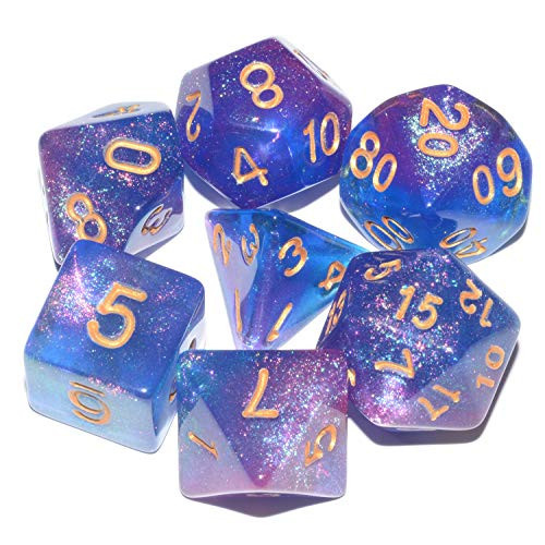 Galaxy DND Dice 7Pieces, Glitter Sparkle Cosmic Purple Blue Mixed Polyhedral DND Dice for RPG MTG Table Game Dice
