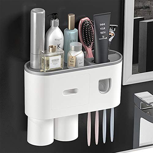 BUILDEC Toothbrush Holder Wall-Mounted Multifunctional Toothbrush Holder and Automatic Toothpaste Dispenser Kit with Dustproof Cover 4 Toothbrush Slots Cosmetic Organizer and Drawer Magnetic (2 Cups)