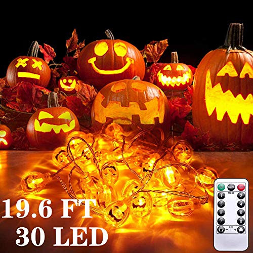 Halloween Pumpkin String Lights, 19.6 Ft 30 LED Orange 3D Pumpkin Lights Waterproof Dimmable 8 Modes with Remote & Timer Battery Operated Halloween Decoration Lights for Outdoor Indoor Halloween Decor