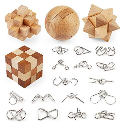 Brain Teasers Wooden and Metal Wire Puzzles 20Pcs Interlock 3D Brain Puzzle Games IQ Test Toys for Kids Adults