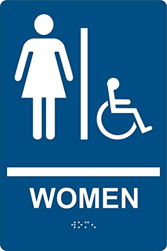 ADA Compliant Women Restroom Sign with Braille, Raised Letters & Double Sided Tape, 6"x9", SignOptima (Blue)