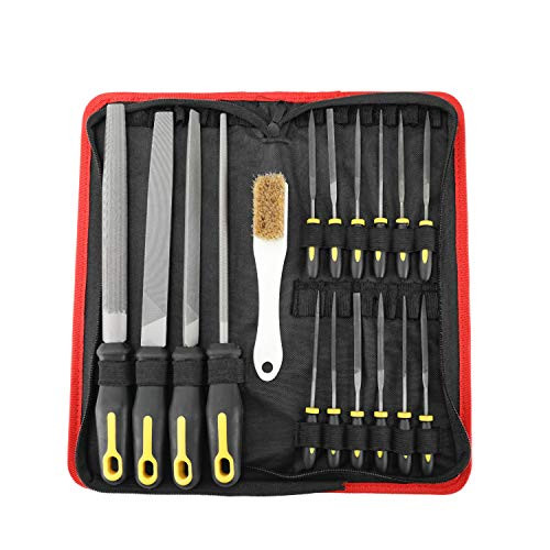 HYDDNice 17Pcs Professional Metal File Set Woodwork File Set Steel Needle File Set with Carry Case,Flat/Half-Round/Round/Triangle Files, 12 Needle Files,Professional Hobby Project DIY Tool