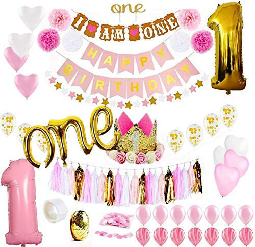 Baby Girl 1st Birthday Decorations Set - First Baby Girl Crown Hat,Birthday Decoration Supplies Set - Happy Birthday Party Banner, Number One Balloon, ONE Cake Topper,Confetti Marble Foil and Latex Balloons.