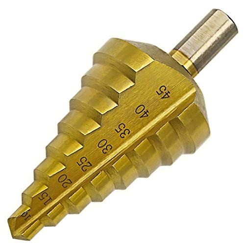 Meichoon Titanium HSS Step Drill Bit Set 10-45mm Straight Slot, Large Bit Pagoda Drill Hole Reamer Triangle Handle Drilling Counterbore DC15 Golden