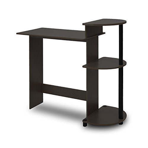 FURINNO Compact Computer Desk with Shelves, Round Side, Espresso/Black