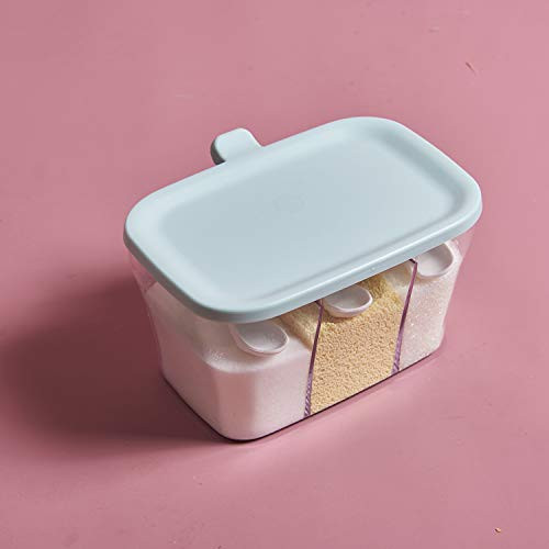 Clear Seasoning Rack Kitchen Spice Pots,Storage Container Condiment Jars Kitchen - Cruet, 3 Compartment Seasoning Box with Cover and Spoons-Blue