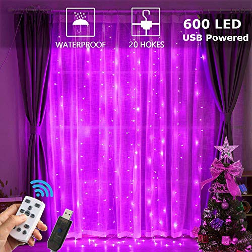Window Curtain String Light, Lampmall 600 LED Bedroom String Light Purple Icicle Lights USB Fairy Light with Remote Control Outdoor/Indoor Window Fairy Light 8 Mode for Christmas Garden Wedding