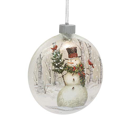 Midwest-CBK Lighted LED Snowman Disk White Glass 6 x 5 Christmas Decorative Hanging Ornament