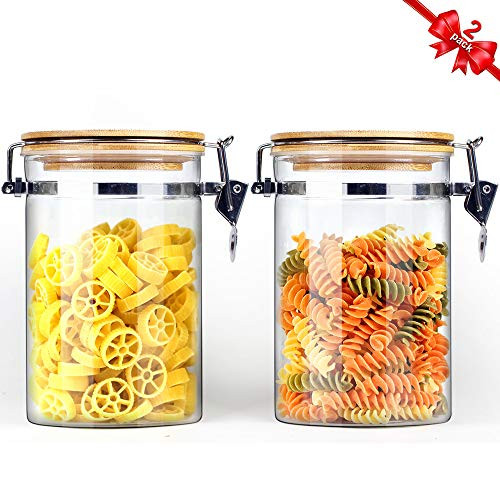 Glass Storage Jars with Airtight Locking Clamp Lids, Airtight Glass Canisters with Locking Lids, Glass Storage Containers with Bamboo Lid, Food Storage Containers, Glass Canister Sets, Set of 2