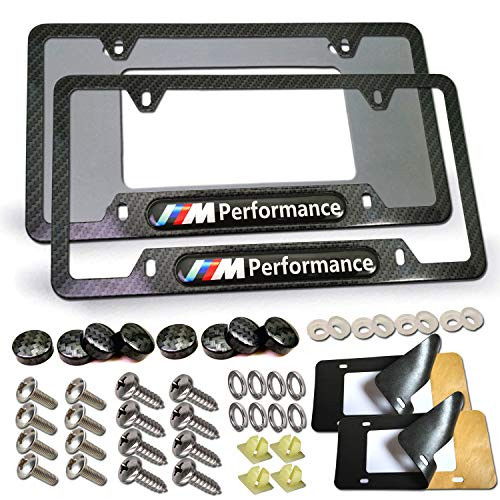 PUQIN-AUTO License Plate Frame Carbon Fiber-2 Pack Printing Carbon Fiber Metal Aluminum Black License Plate Holder Cover, 3D Logo M Performance for MW and Stainless Steel Plate Screws & Carbon Caps