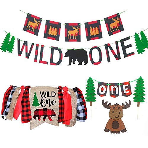 Lumberjack 1st Birthday Party Supplies Decorations,1 Pack Wild One Lumberjack Birthday Banner,1 Pack Buffalo Plaid Wild Bear Highchair Banners,1 Pack Handmade Lumberjack First Cake Toppers ,Boys Girls Lumberjack Party Photo Prop Decor