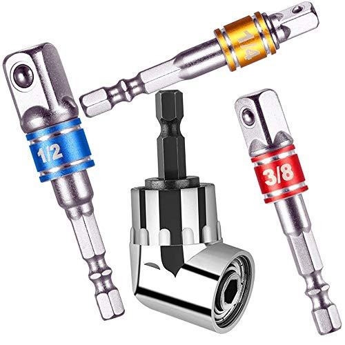 105 Degree Right Angle Drill Bit Adapter Attachment 1/4" Drive Hex Magnetic Bit Socket Screwdriver Set+3Pcs 1/4 3/8 1/2"Cr-V Impact Grade Hex Shank Drill Nut Driver Bit Set,for Universal Socket