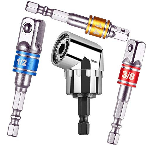 3Pcs 1/4 3/8 1/2" Hex Shank Drill Nut Driver Bit Set for Universal Socket+105 Degree Right Angle Drill Screwdriver set,Impact Grade Driver Sockets Adapter Extension Set Drill Bit