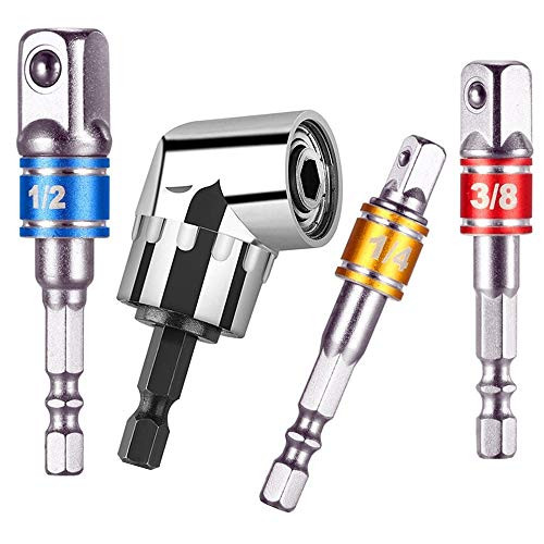 105 Degree Right Angle Drill Screwdriver Drill Hex Bit Socket Adapter Set+3Pcs 1/4 3/8 1/2" Impact Grade Hex Shank Drill Nut Driver Bit Set,Universal Socket Adapter Set