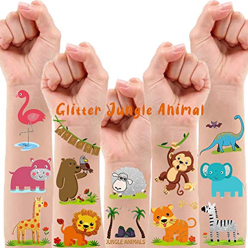 26 Styles Metallic Glitter Animal Temporary Tattoos for Kids, Jungle Theme Party Supplies Safari Baby Shower Zoo Wild One Birthday Decorations, Fake Wild Animal Tattoos Stickers Accessories