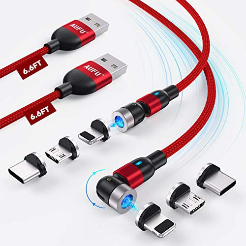 540 Degree Magnetic Charging Cable, AUFU Magnetic Phone Charger USB Magnetic Cable 3A Fast Charging Data Sync Nylon Braided USB Cord Cable Compatible with Micro USB Type C iProduct (Red/6.6FT/6.6FT/)