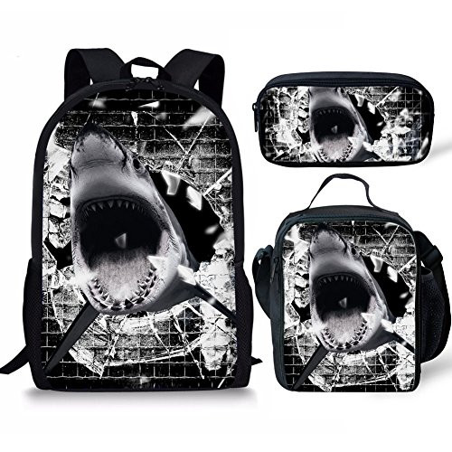 Kids Cool Shark Backpack Set 3 Pieces School Bookbag Lunchbox Pencil Bag