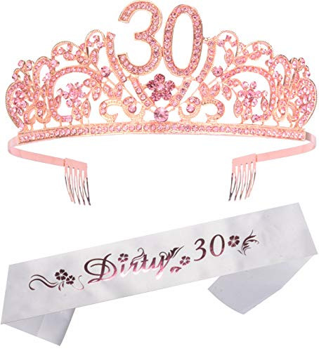30th Birthday Gifts for Women, 30th Birthday Tiara and Sash, Happy 30th Birthday Party Supplies, Dirty 30 Glitter Satin Sash and Crystal Tiara, 30th Birthday Party Decorations